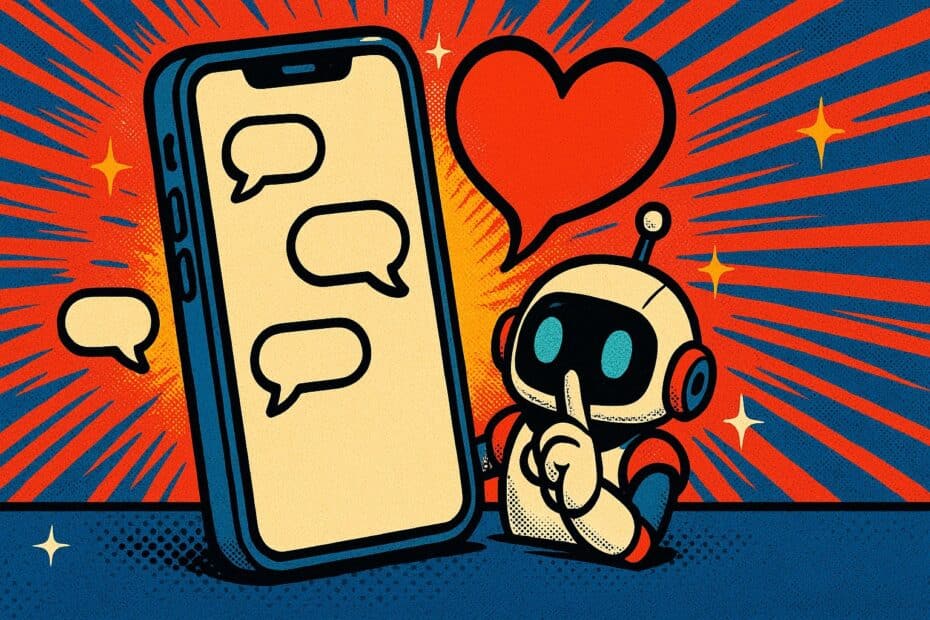 Illustration pop-art : un telephone geant, un coeur rouge et un petit robot qui fait signe de se taire