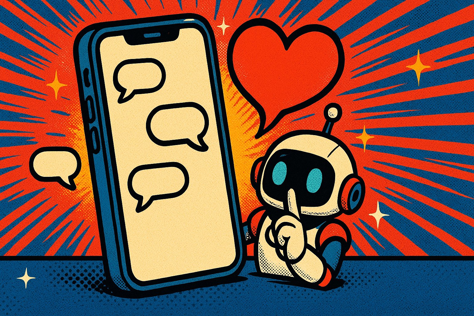 Illustration pop-art : un telephone geant, un coeur rouge et un petit robot qui fait signe de se taire