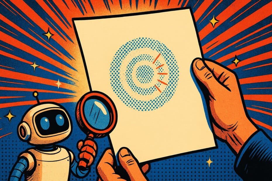 Illustration pop-art : une feuille de papier crème tenue à contre-jour laisse apparaître un filigrane fait de points bleus