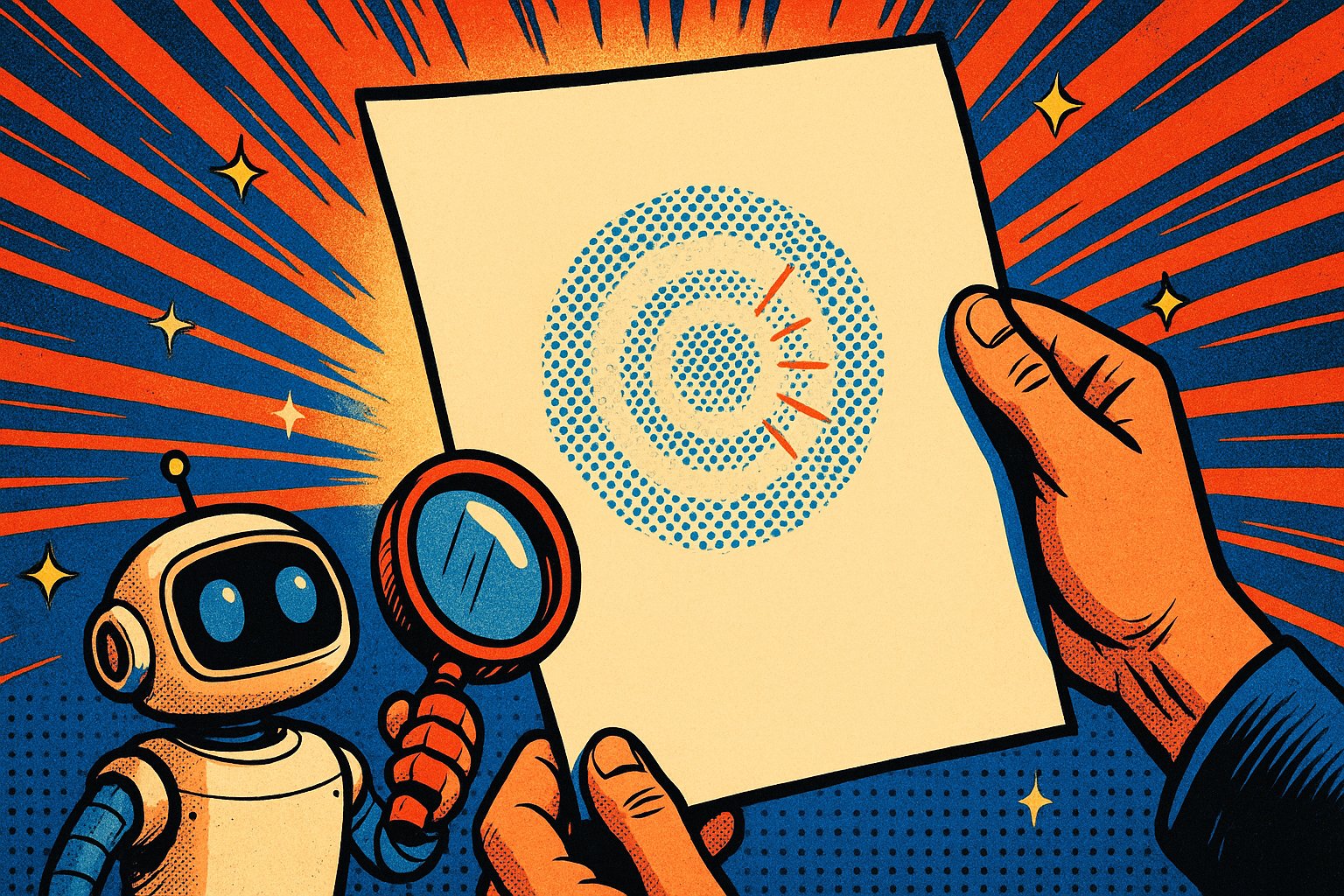 Illustration pop-art : une feuille de papier crème tenue à contre-jour laisse apparaître un filigrane fait de points bleus
