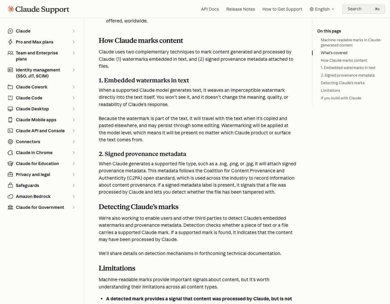Capture de la page d'aide d'Anthropic expliquant comment Claude marque les contenus générés par IA