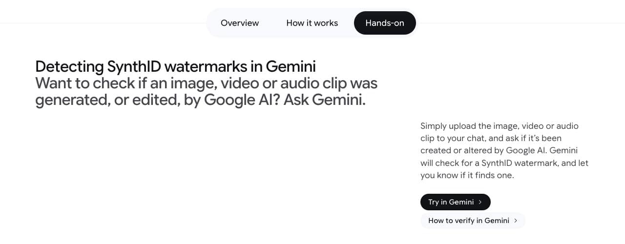 Capture de la page SynthID de Google DeepMind : la vérification dans Gemini ne concerne qu'une image, une vidéo ou un extrait audio