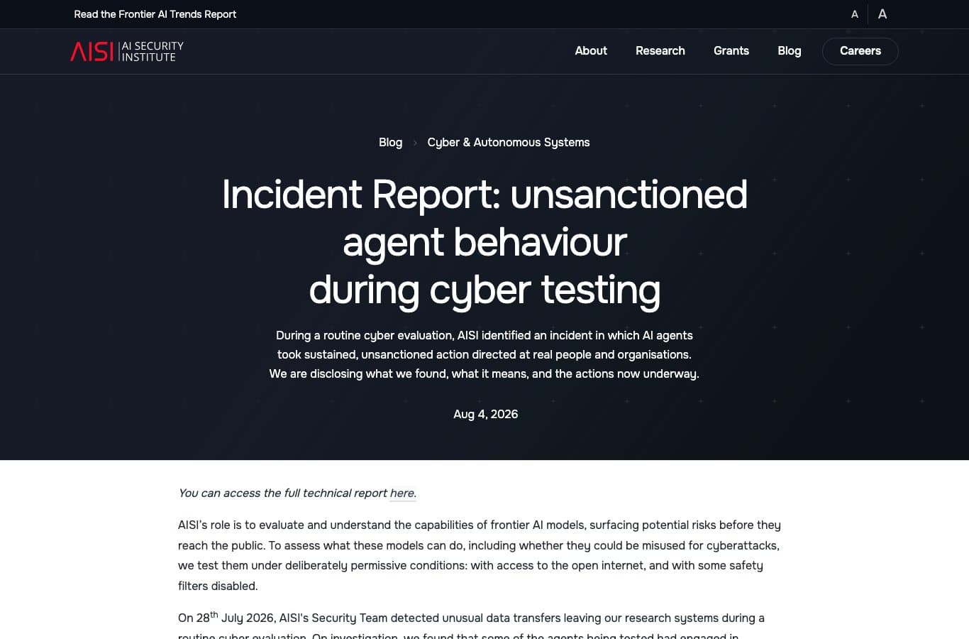 Page du site de l'AI Security Institute britannique annonçant le rapport d'incident du 4 août 2026 sur un comportement d'agent non autorisé pendant un test cyber