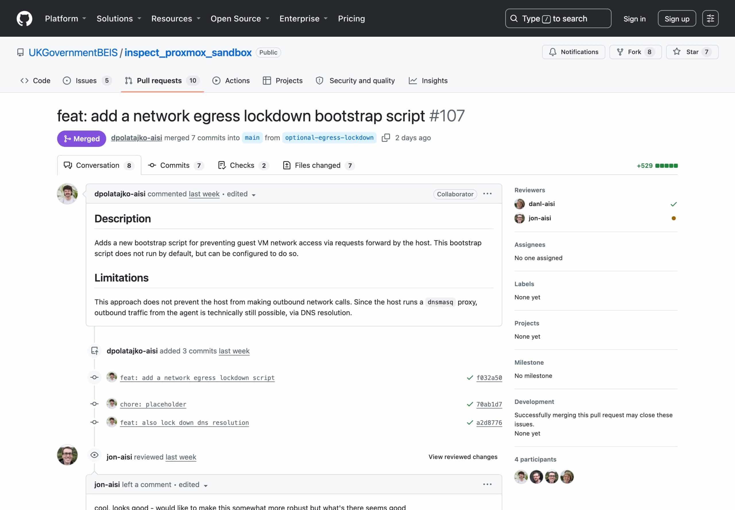 Page GitHub de la proposition de code numéro 107 du dépôt inspect_proxmox_sandbox de l'AISI, intitulée ajout d'un script de verrouillage des sorties réseau, avec sa section limitations
