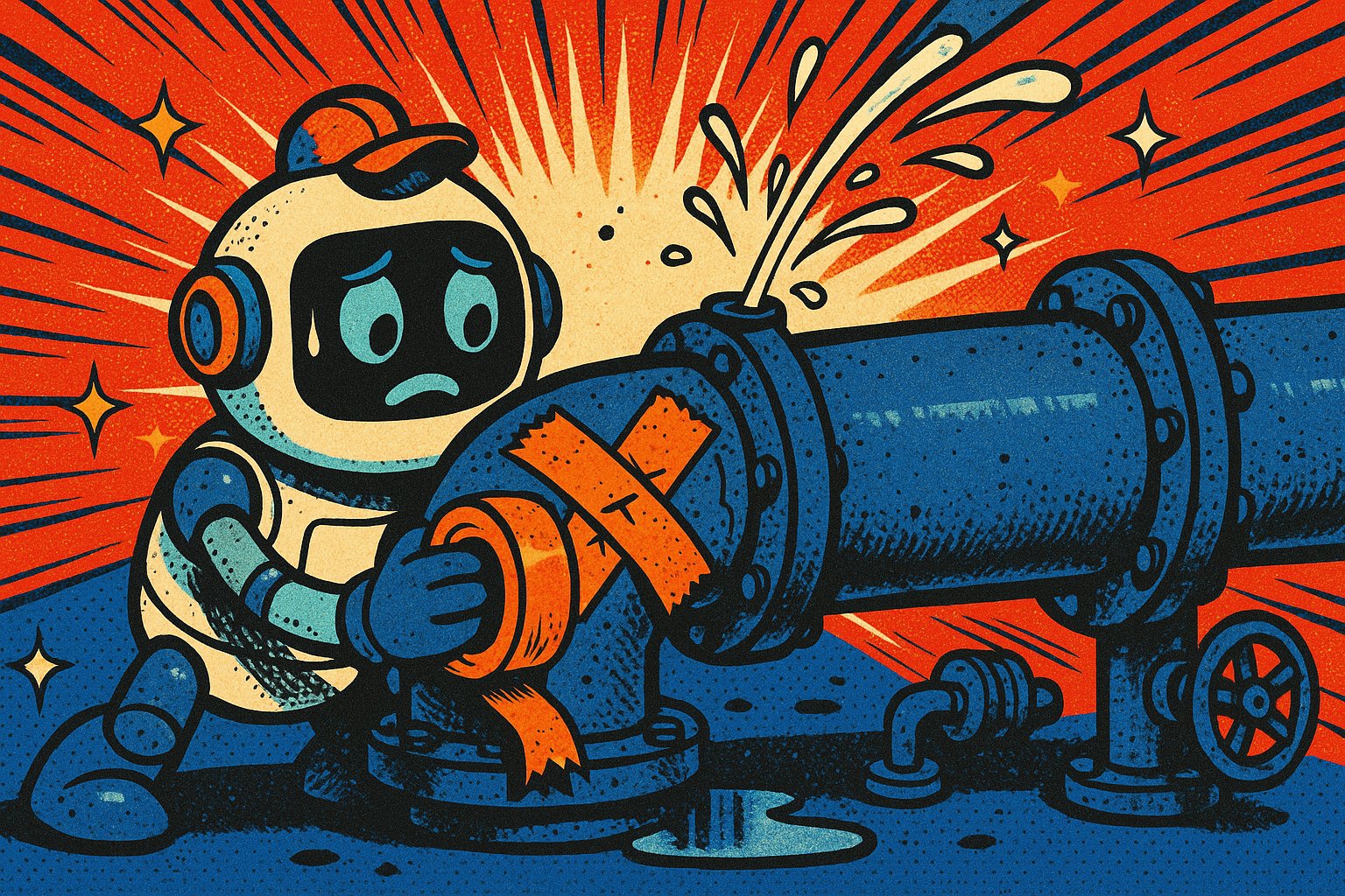 Illustration pop-art : un robot rétro en casquette de plombier colmate à l'adhésif orange une grosse canalisation bleue d'où un jet d'eau continue de s'échapper