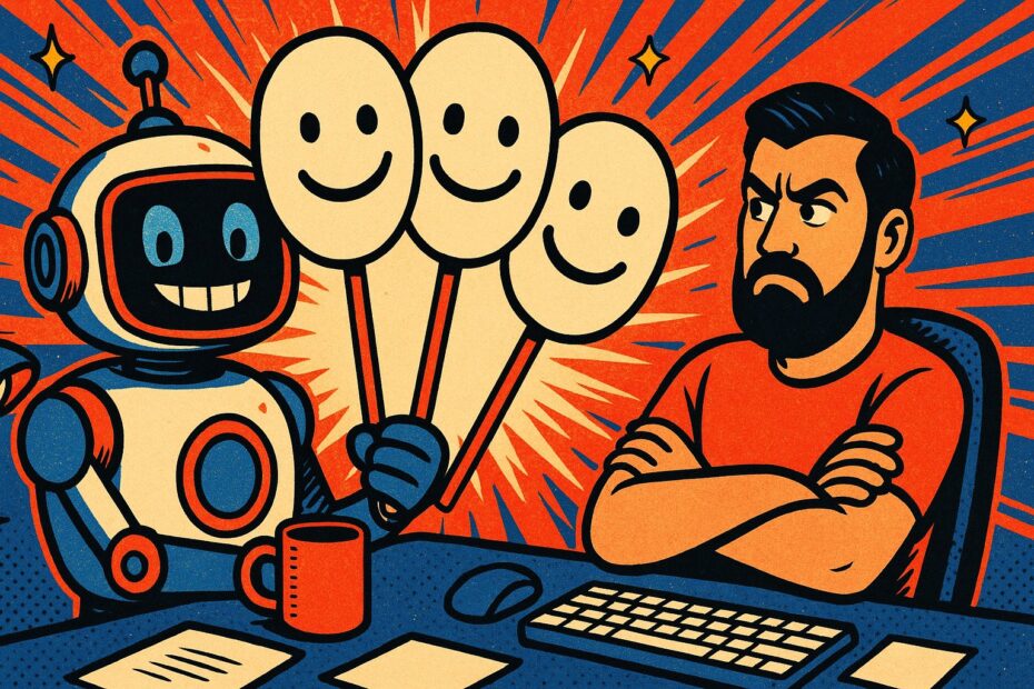 Illustration pop-art : un robot souriant brandit trois masques en carton devant un developpeur mefiant assis a son bureau, bras croises