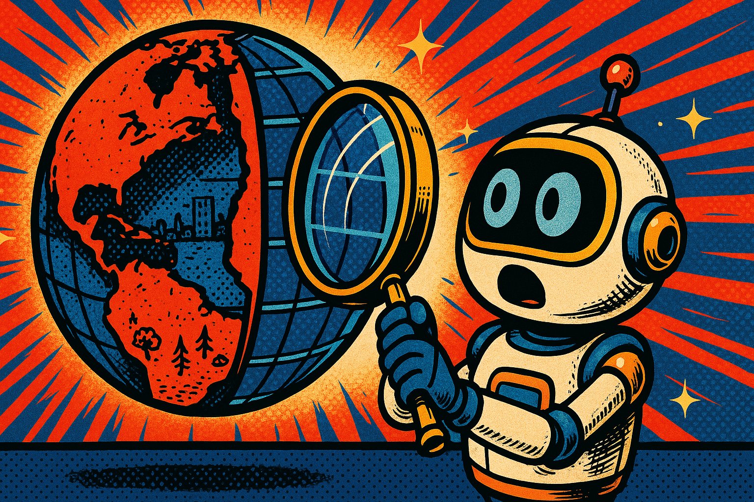 Illustration pop-art : un robot rétro examine à la loupe un globe dont la moitié est un continent dessiné en rouge et l'autre moitié une grille en fil de fer bleue