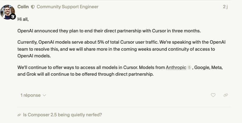 Capture de la réponse officielle de Cursor sur son forum le 29 août 2026, signée Colin, Community Support Engineer