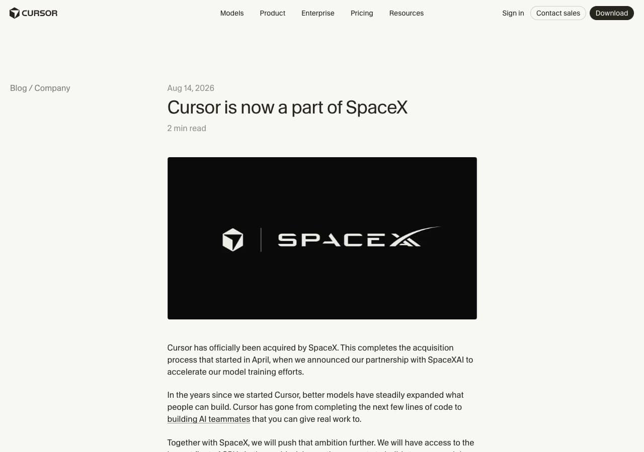 Capture du billet officiel de Cursor du 14 août 2026 annonçant le rachat de l'entreprise par SpaceX