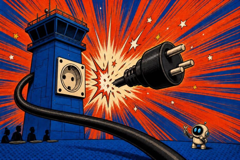 Illustration pop-art : un cable geant arrache de sa prise sur une tour bleue, le robot yiaho regarde la deconnexion