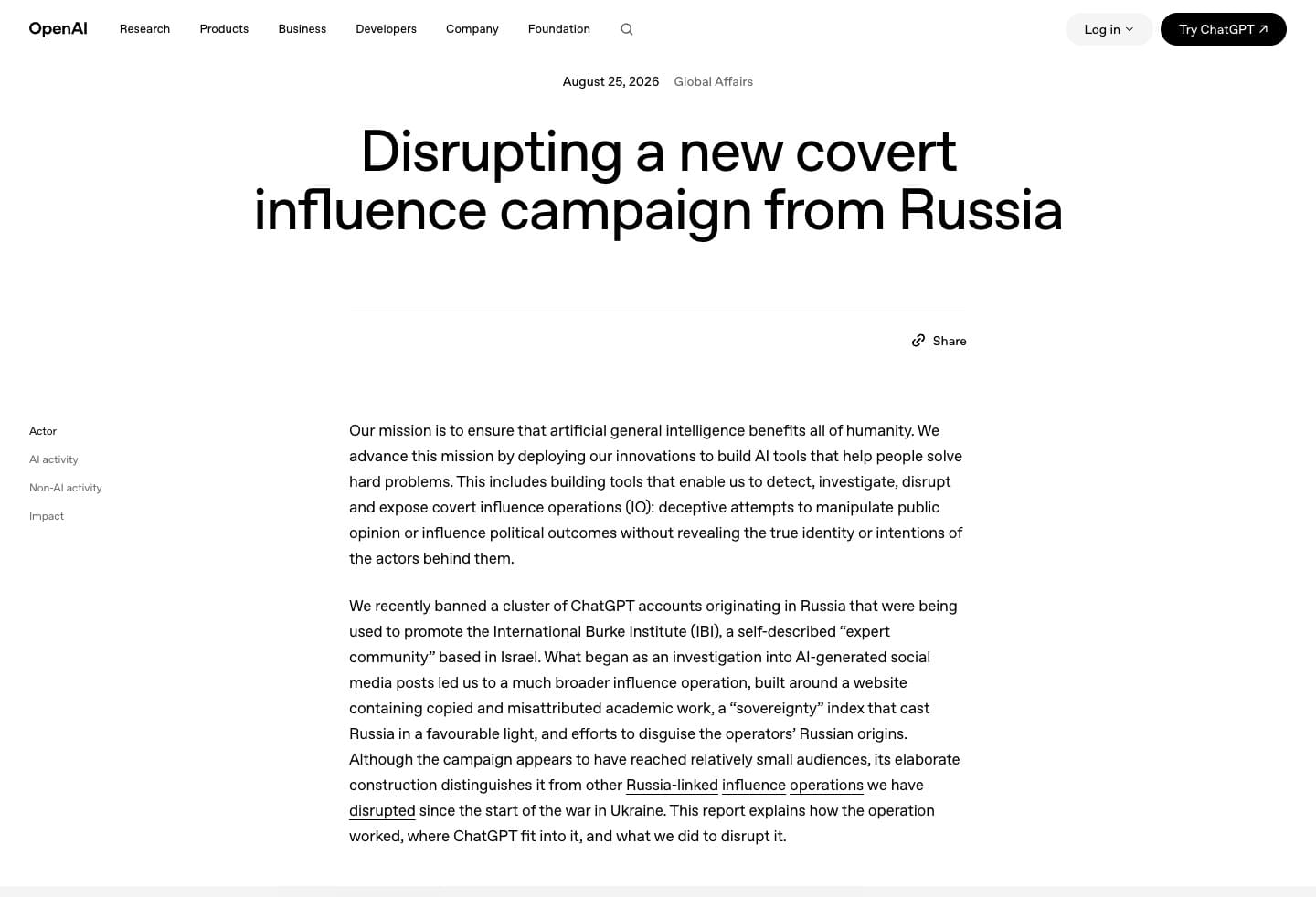 Capture d'écran de la page officielle OpenAI « Disrupting a new covert influence campaign from Russia », datée du 25 août 2026