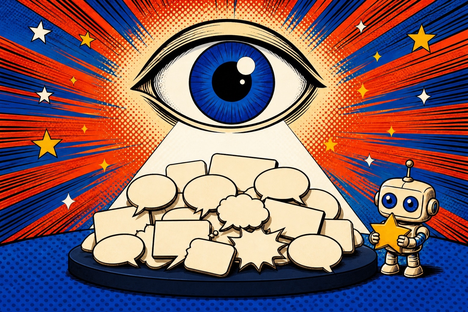 Illustration pop-art : un œil géant bleu cobalt surplombe une pile de bulles de discussion vides, un petit robot tient une étoile dorée