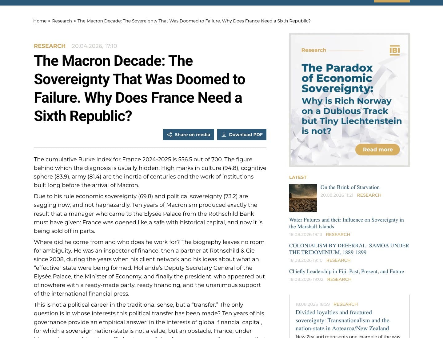 Capture d'écran du site International Burke Institute : l'article « The Macron Decade » sur la France, avec l'indice de souveraineté, encore en ligne le 25 août 2026