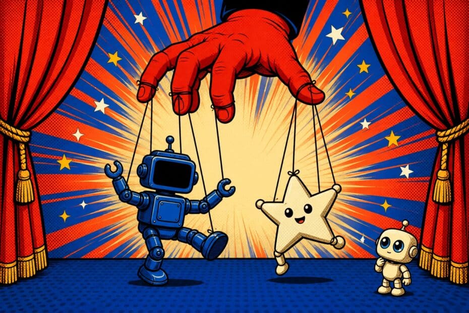 Illustration pop-art : une main gantée de rouge tire les fils de deux marionnettes sur une scène, un petit robot crème observe, allégorie de la campagne d'influence démasquée