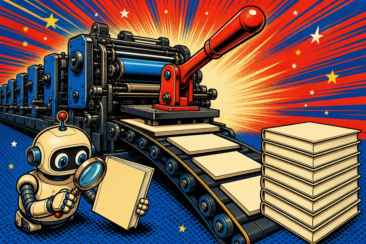 Illustration pop-art : une presse d’imprimerie bleue et rouge trempe des feuilles vierges qui s’empilent en livres, un petit robot inspecte une couverture à la loupe