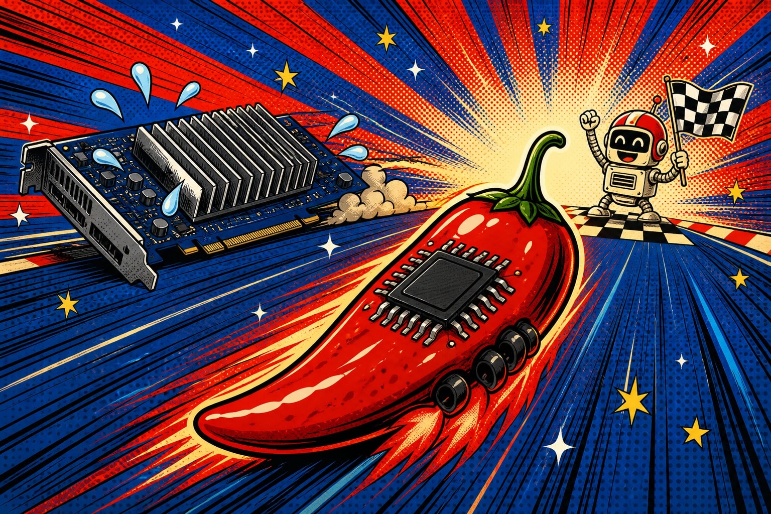 Une puce jalapeño rouge avec des tuyaux d'échappement gagne une course devant une carte graphique, style pop-art rouge et bleu