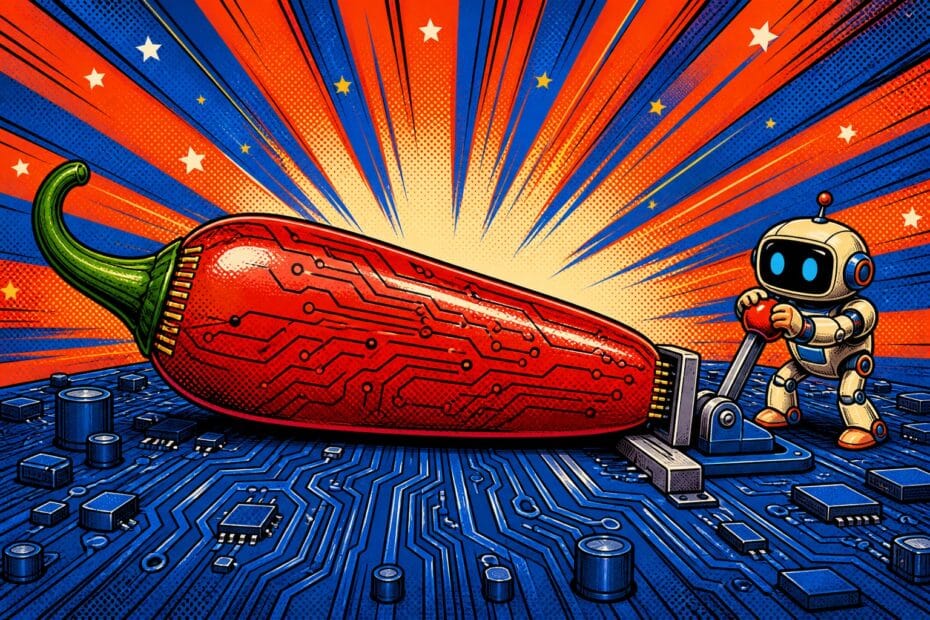 Une gigantesque puce en forme de piment rouge jalapeño posée sur un circuit bleu cobalt, poussée par un petit robot crème, style pop-art saturé rouge et bleu