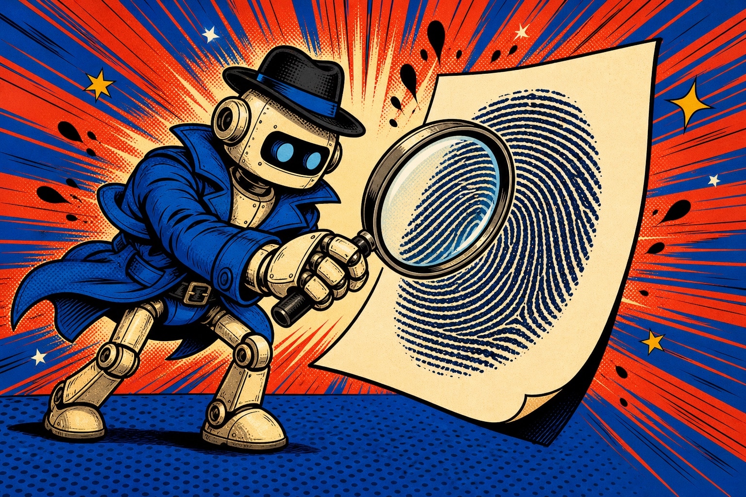 Illustration pop-art : un robot détective au chapeau examine à la loupe une empreinte digitale géante sur une feuille blanche
