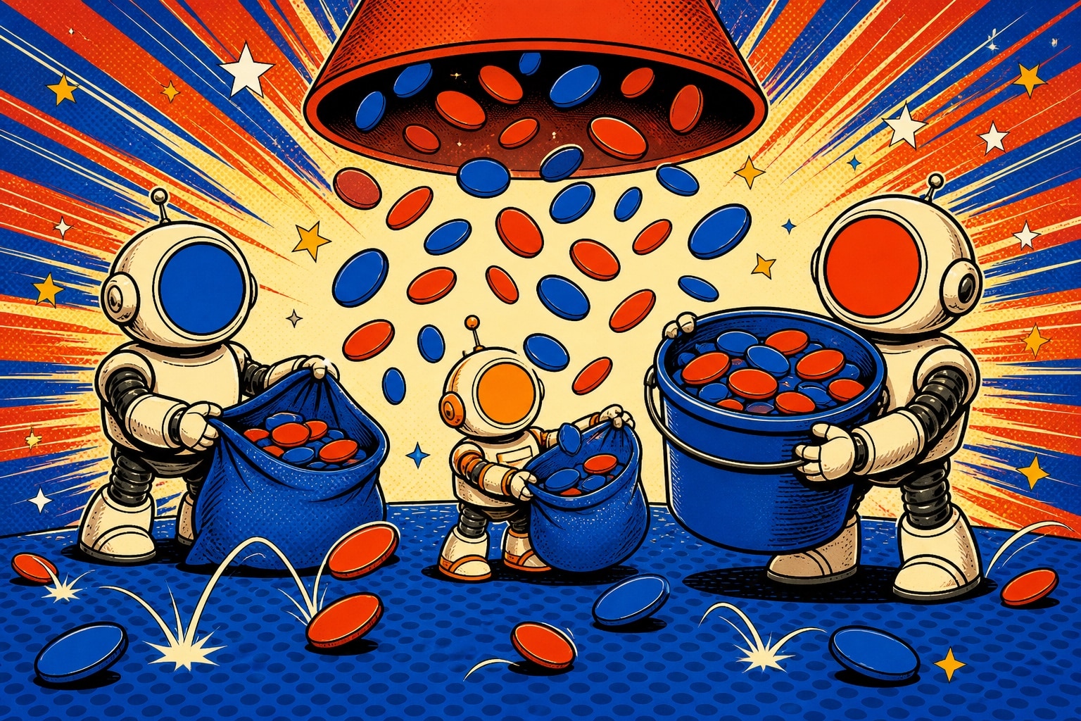 Illustration pop-art : trois robots attrapent une pluie de jetons rouges et bleus tombant d'un cône rouge