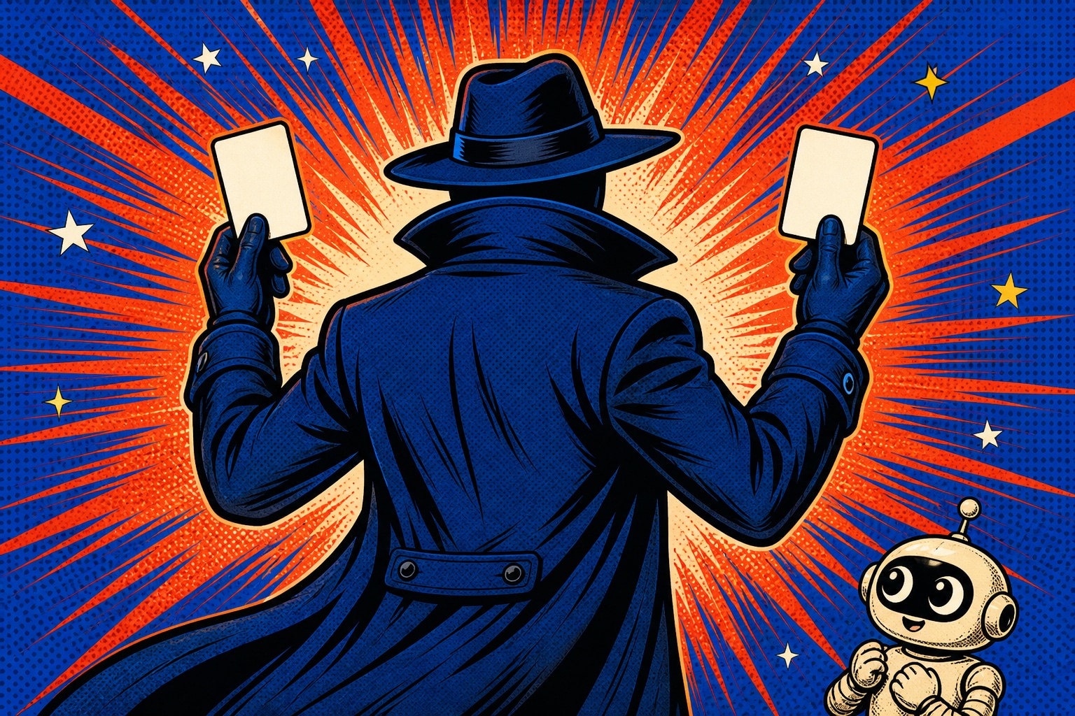 Illustration pop-art : une silhouette au long manteau et au chapeau montre deux cartes blanches vides face à une explosion rouge et bleue, petit robot en bas à droite