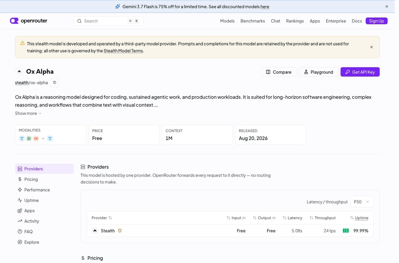 Capture d'écran de la fiche d'Ox Alpha sur OpenRouter : modèle furtif gratuit, un million de tokens de contexte, sorti le 20 août 2026