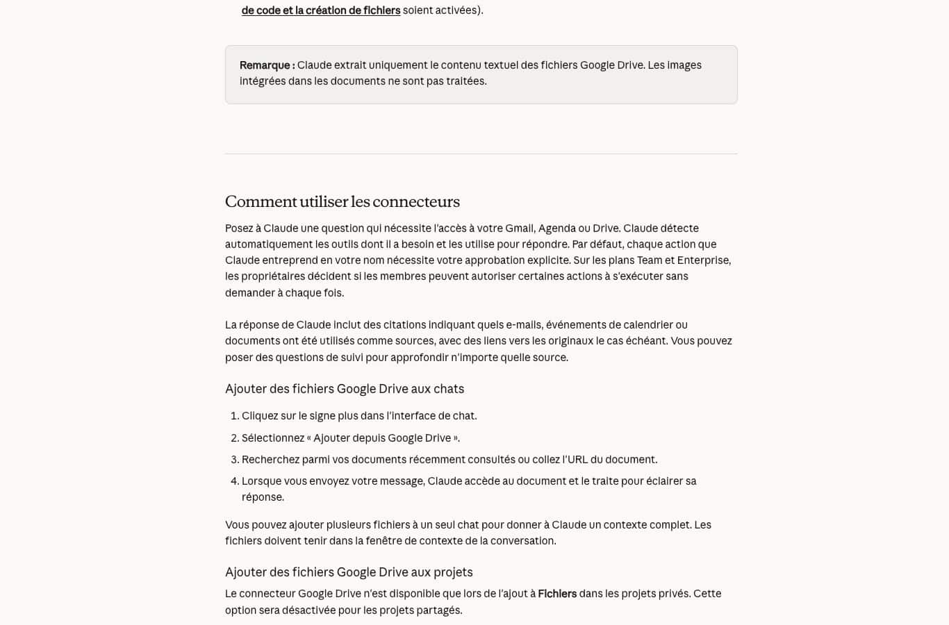 Capture d'écran de la page d'aide officielle d'Anthropic : les connecteurs Google Workspace et l'approbation explicite par défaut
