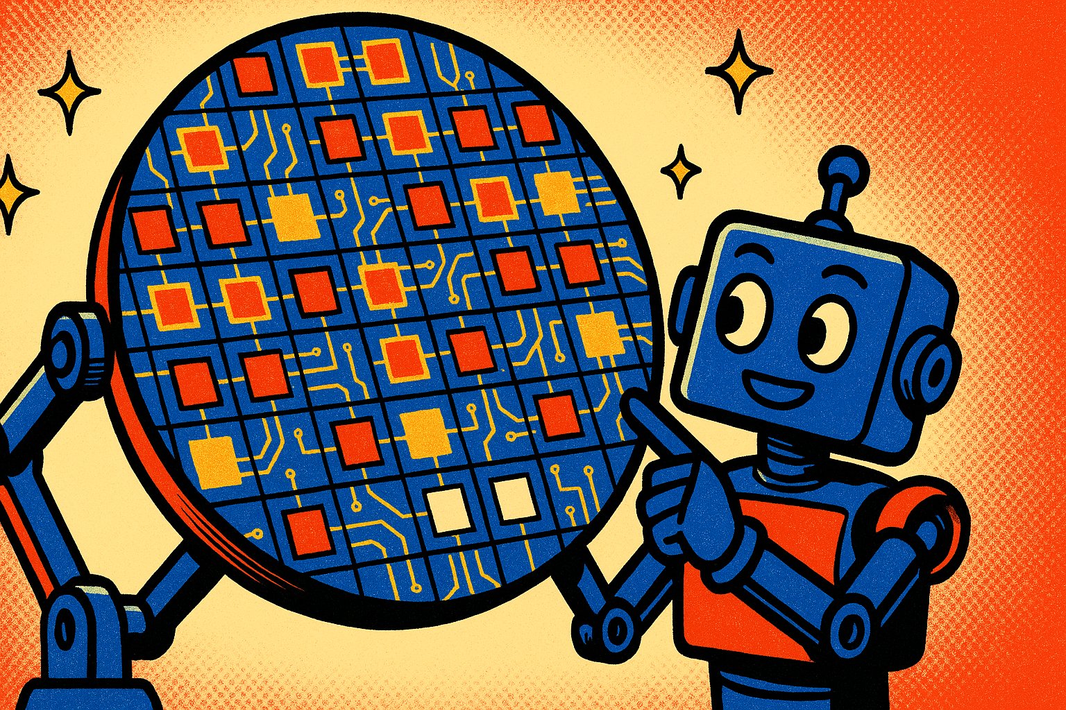 Plaquette de silicium circulaire tenue par des bras robotiques, petit robot qui pointe, illustration pop-art