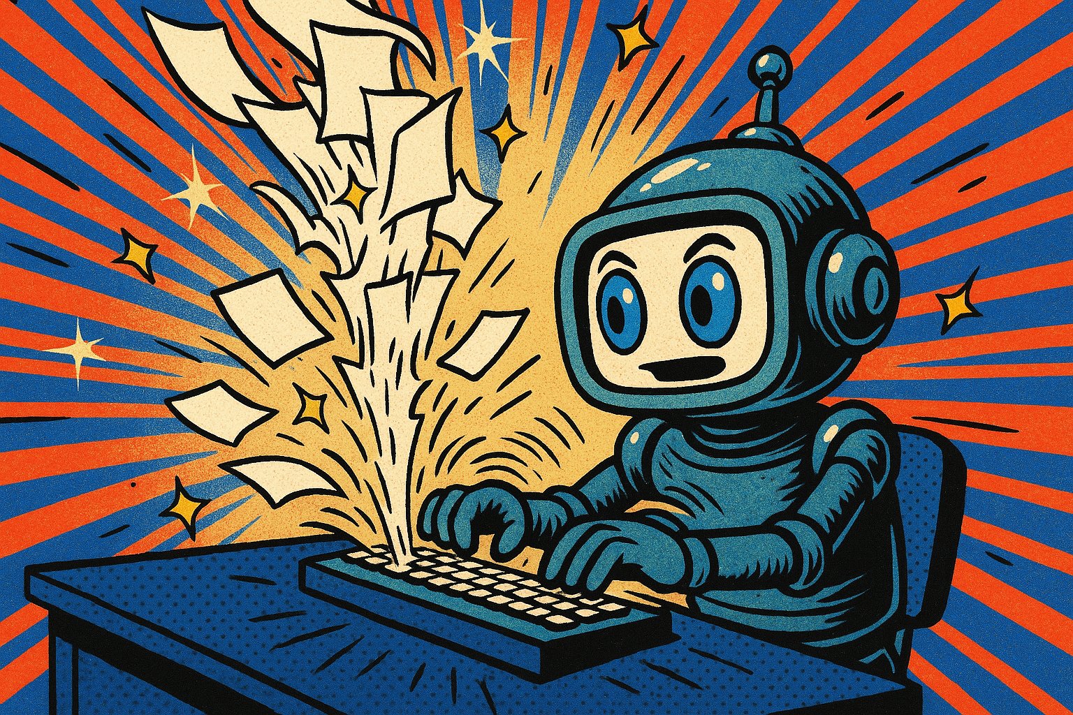 Robot retro tapant furieusement sur un clavier, rafale de pages vierges et lignes de vitesse, illustration pop-art