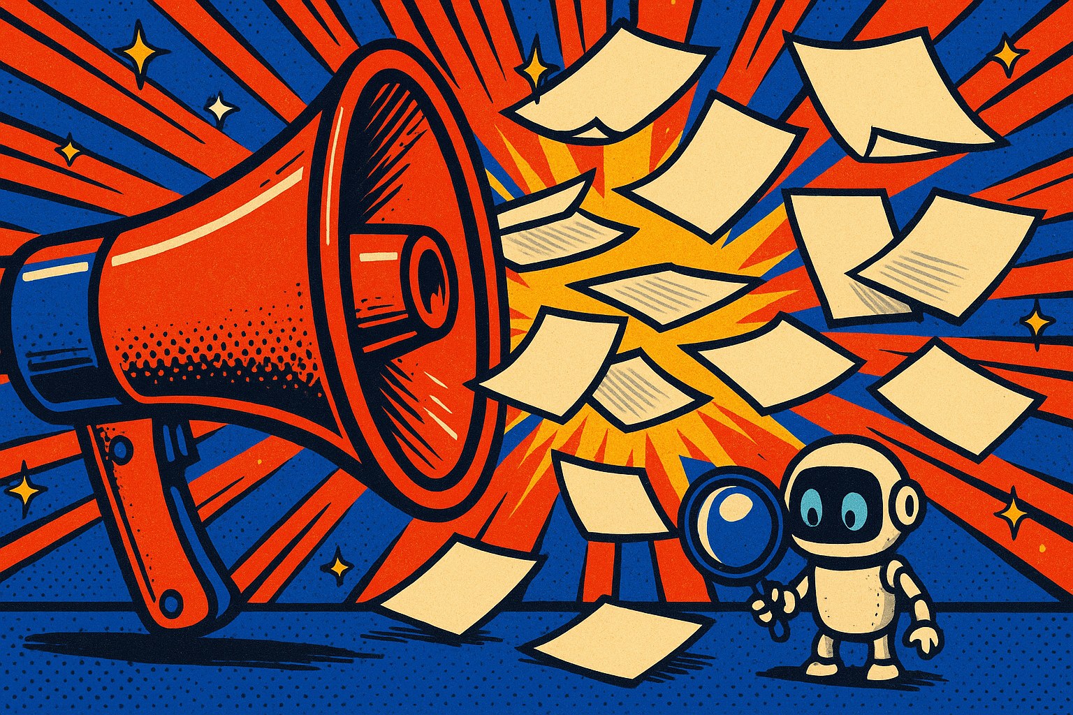 Illustration pop-art : un mégaphone géant projette une pluie de feuilles de journal vierges, un petit robot les examine à la loupe