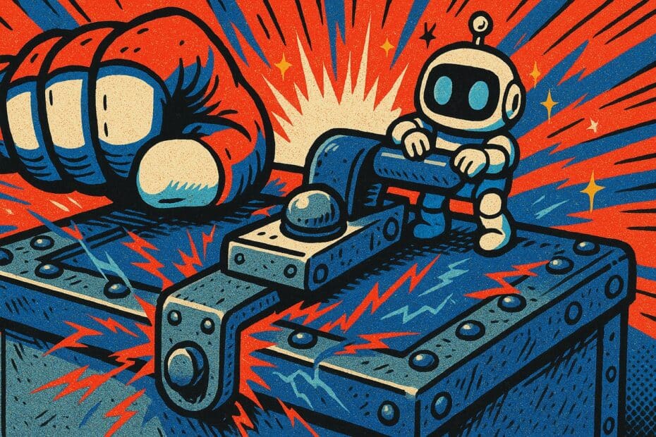 Illustration pop-art : une main mecanique geante referme un verrou massif sur une caisse blindee d ou s echappent des eclairs