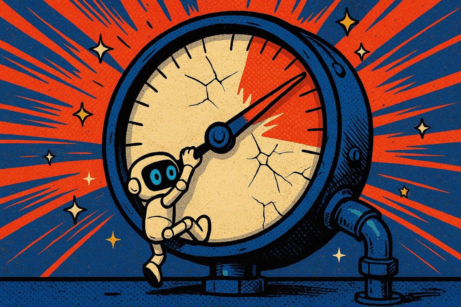 Illustration pop-art : un robot s accroche à l aiguille d un manomètre géant poussée dans la zone rouge