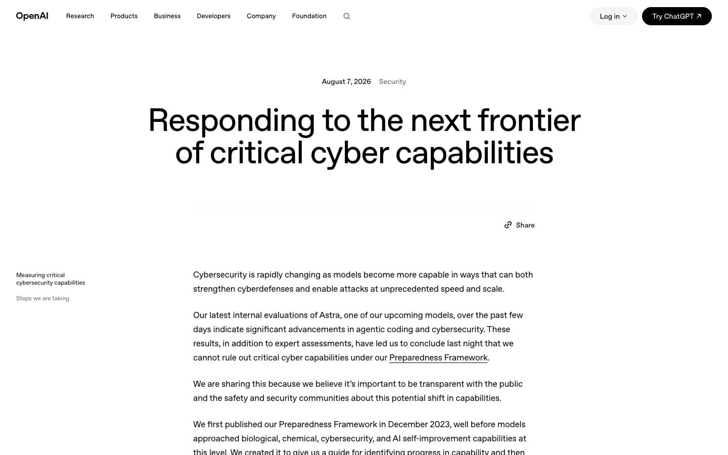 Capture d écran de la page openai.com datée du 7 août 2026, intitulée Responding to the next frontier of critical cyber capabilities