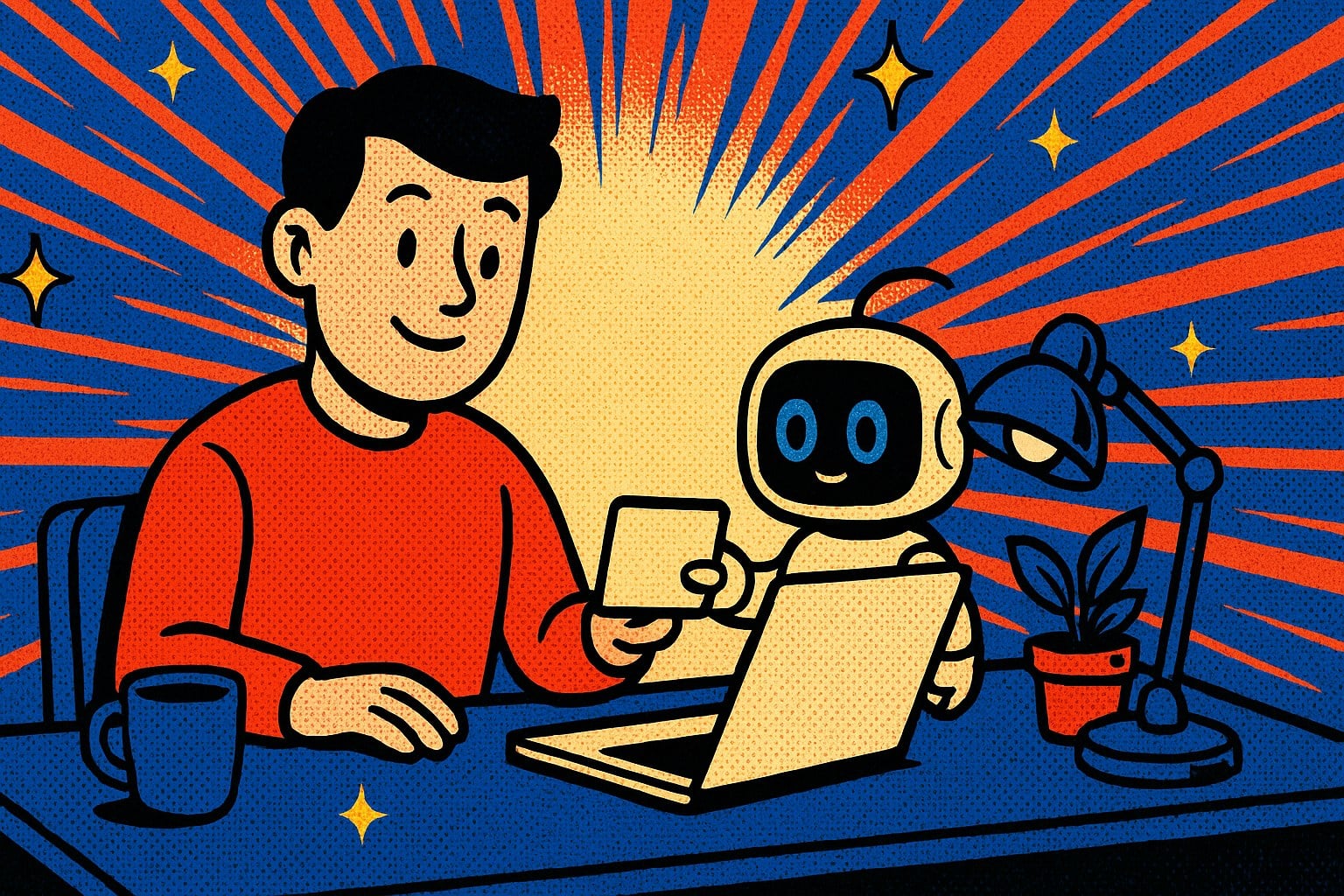 Illustration pop-art : un homme devant un ordinateur portable et un petit robot crème qui lui tend une carte vierge