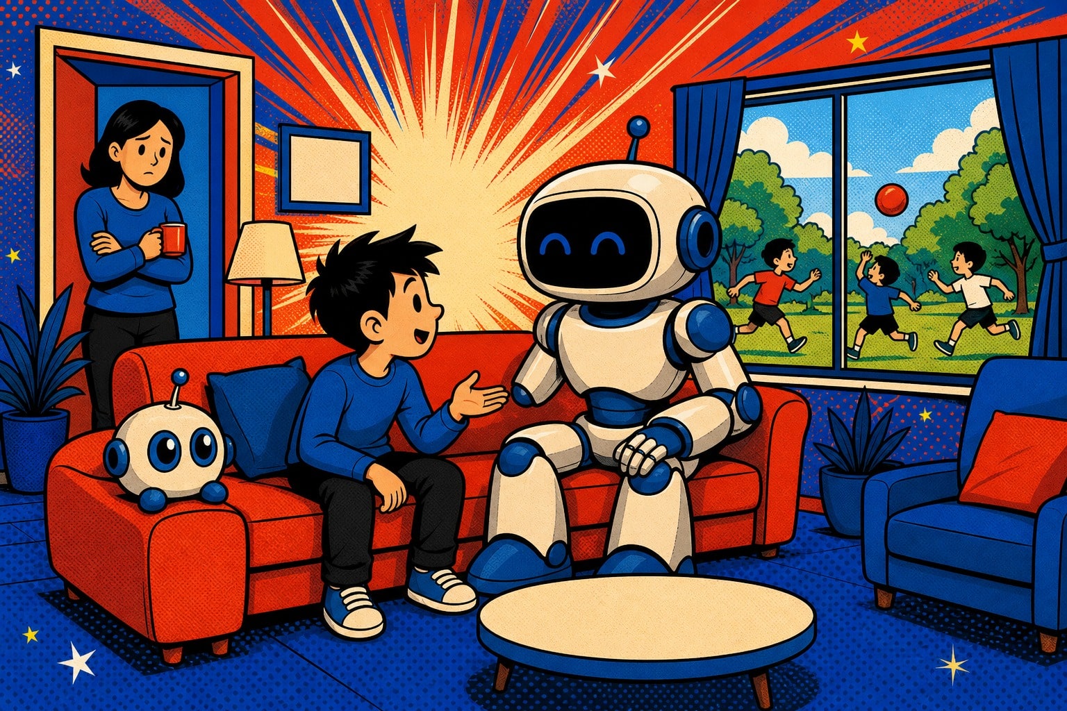 Un enfant discute avec un robot sur un canapé pendant que d'autres enfants jouent dehors à la fenêtre, style pop-art