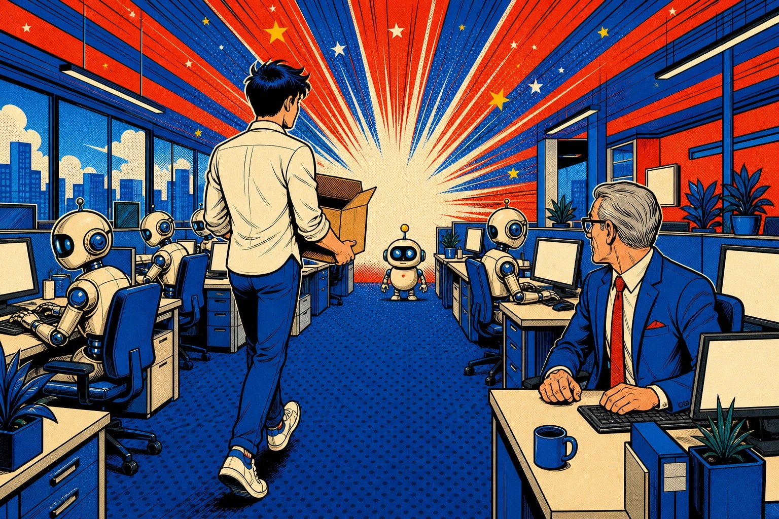 Un jeune employé quitte un open space avec un carton pendant que des robots tapent sur les claviers, style pop-art