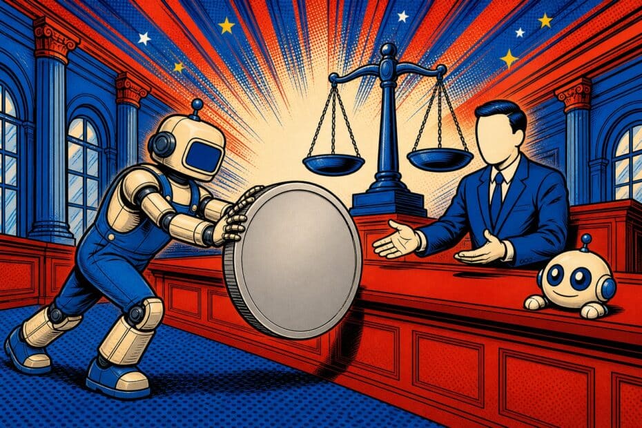 Un robot rétro pousse une pièce géante vers un caissier humain dans un guichet rouge et bleu, balance de justice au centre, style pop-art