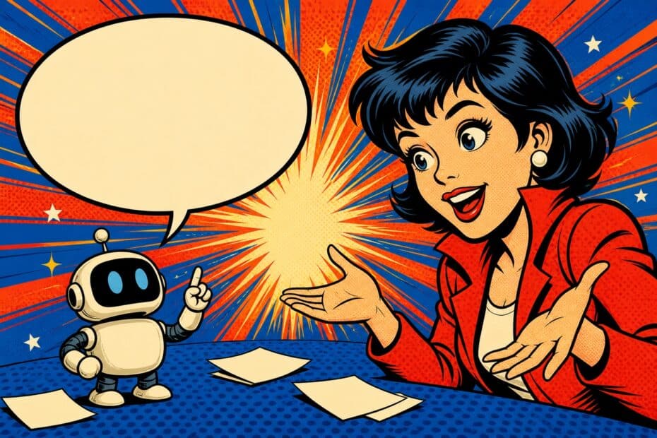 C'est quoi ChatGPT : une personne pose une question à un petit robot qui répond dans une grande bulle de dialogue vide