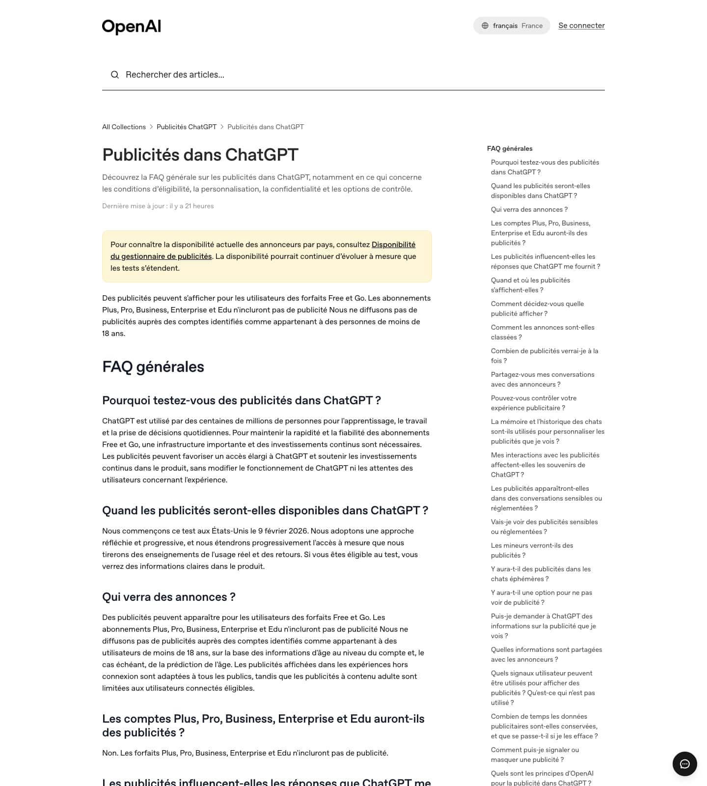 Capture de la FAQ officielle OpenAI sur les publicités dans ChatGPT