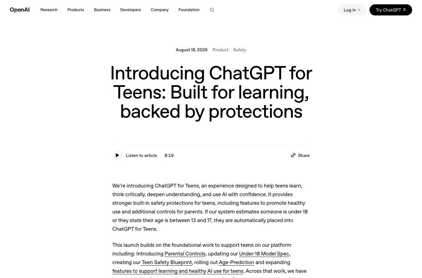 Capture d'écran de l'annonce officielle ChatGPT for Teens publiée par OpenAI le 18 août 2026
