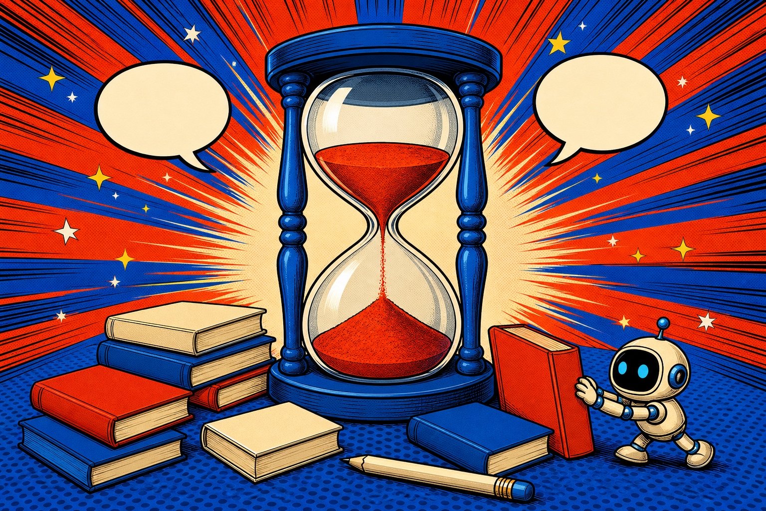 Illustration pop-art BD : un sablier géant au-dessus d'une pile de livres et d'un crayon, symbole des plages d'étude et de pause de ChatGPT for Teens