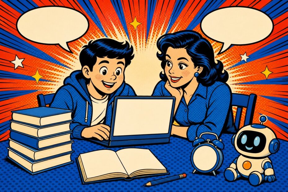 Illustration pop-art BD : un parent et un adolescent partagent un ordinateur portable autour d une table, avec des livres et des bulles de dialogue vides