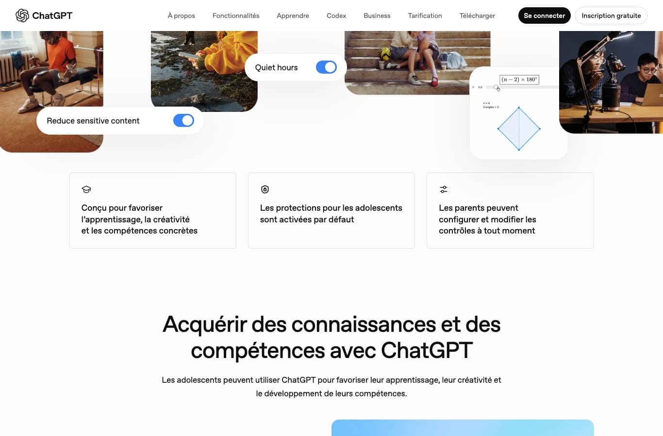 Capture d'écran de la page officielle Ressources parents de ChatGPT (chatgpt.com), section Quiet hours en français