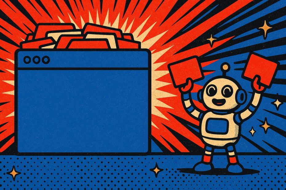 Illustration pop-art d'une fenetre de navigateur bleue dont les onglets rouges se rangent en groupes, un robot retro creme tenant des onglets a la main