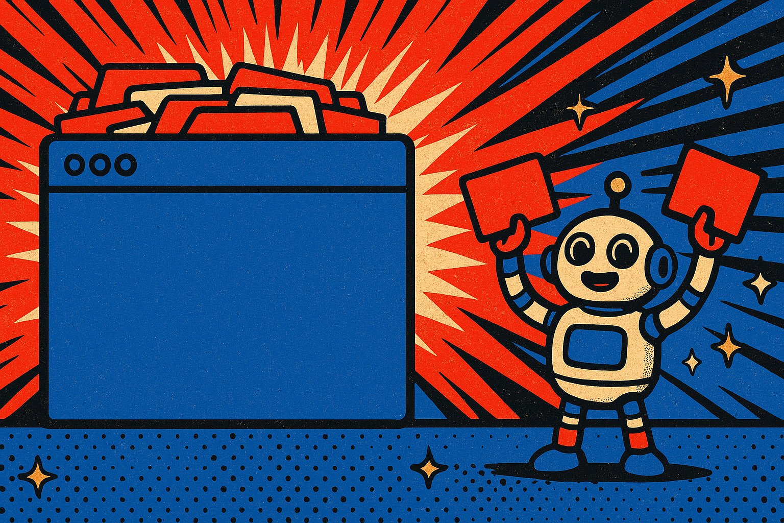 Illustration pop-art d'une fenetre de navigateur bleue dont les onglets rouges se rangent en groupes, un robot retro creme tenant des onglets a la main