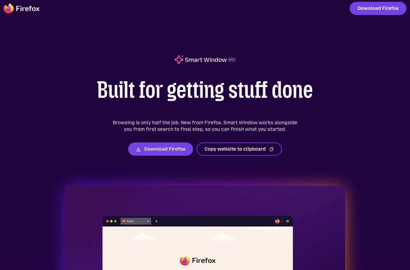 Capture d'écran de la page officielle Smart Window de Firefox, qui présente les cinq fonctions de la fenêtre : ranger, visualiser, rechercher, résumer et planifier