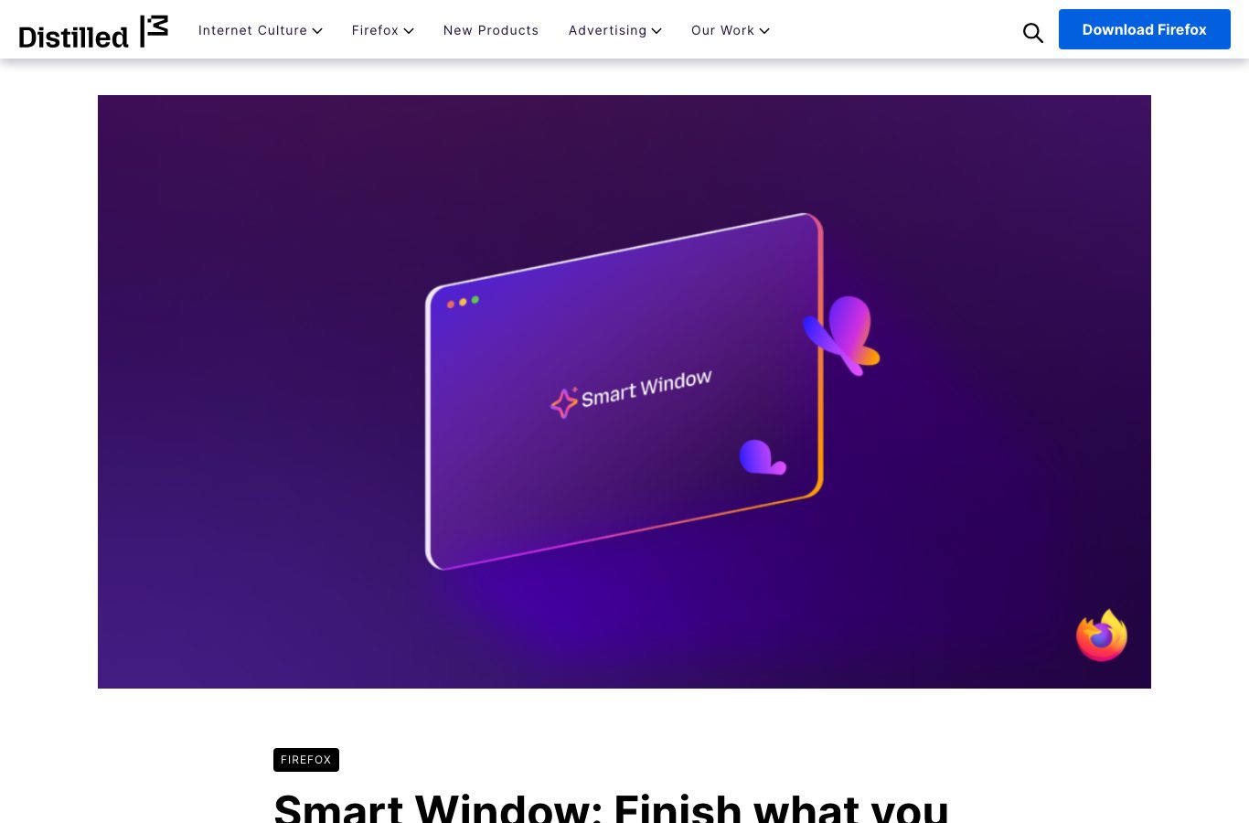 Capture d'écran du billet officiel du blog de Mozilla intitulé Smart Window, publié le 18 août 2026, qui détaille les trois nouveautés