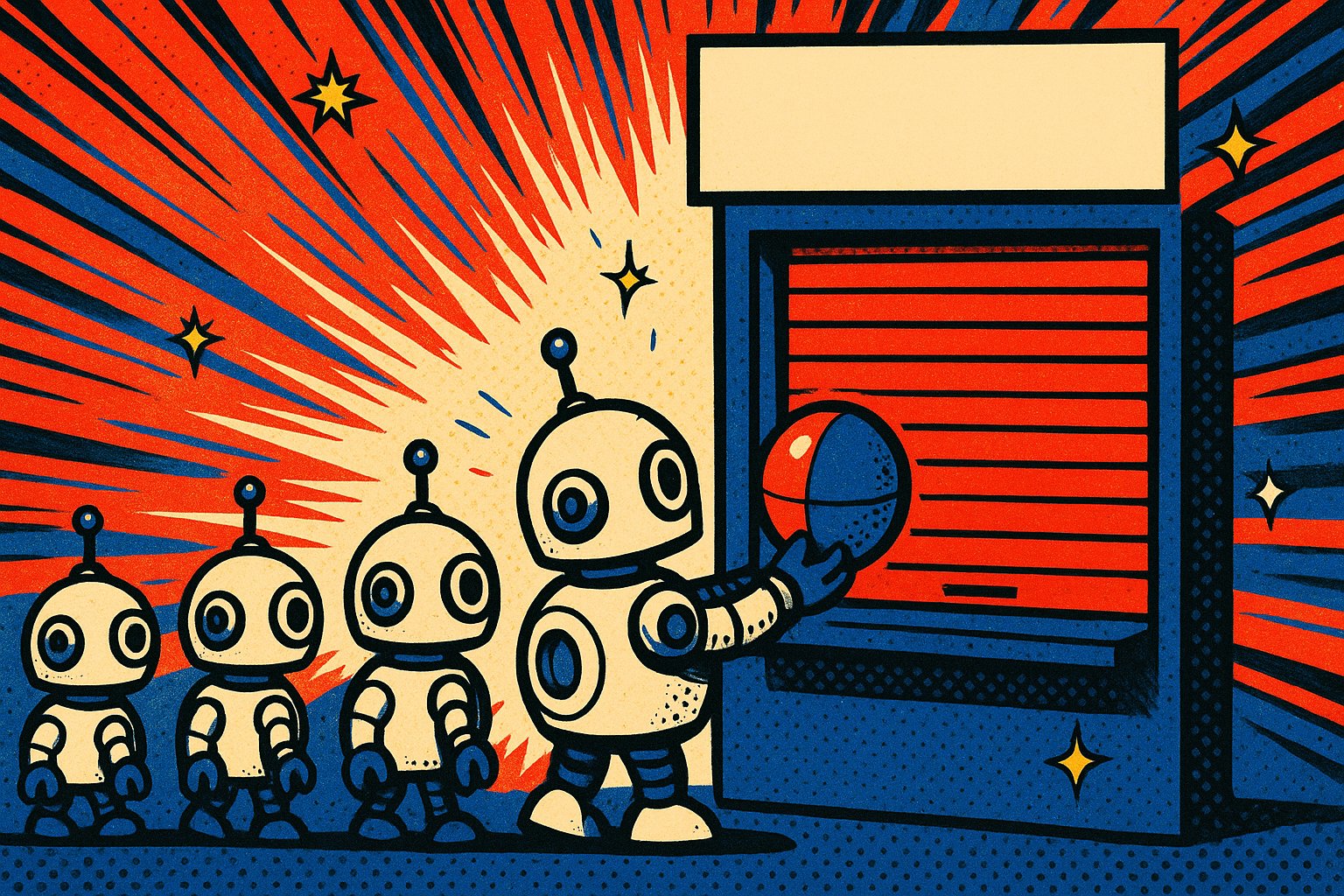 Illustration pop-art d'une file de robots rétro devant un guichet fermé, l'un d'eux tenant un globe où l'Amérique du Nord et l'Europe brillent de couleurs différentes