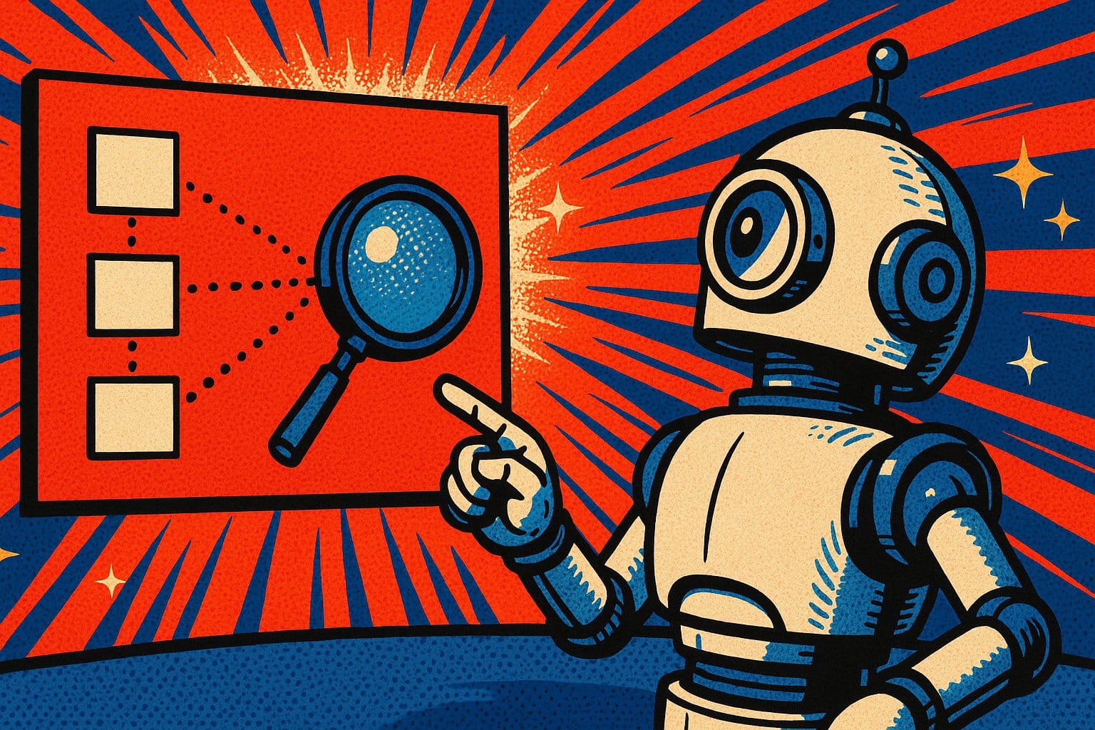 Illustration pop-art d'un robot rétro qui pointe un panneau de cartes vierges reliées à une loupe, symbolisant les réponses sourcées de Smart Window