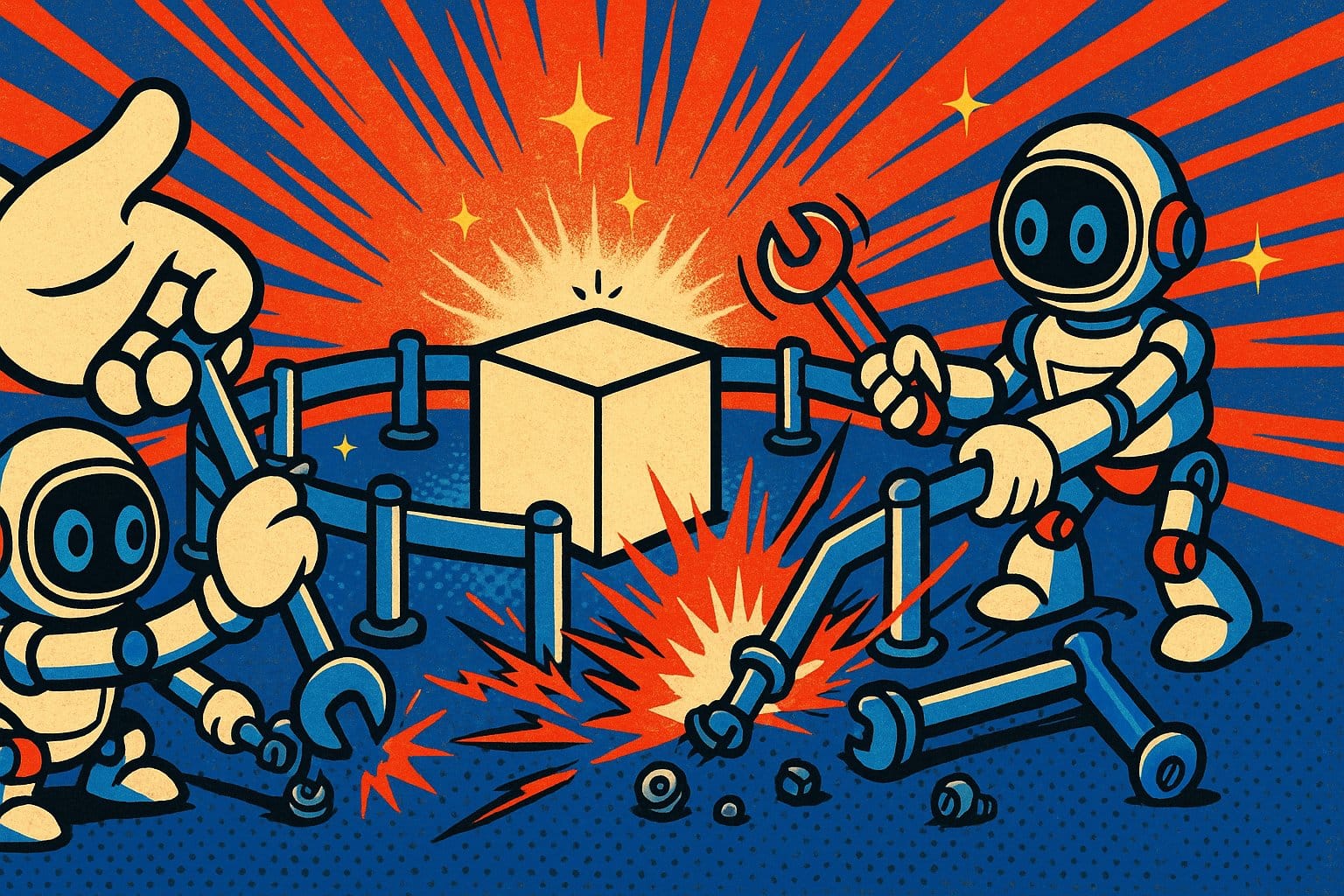 Illustration pop-art : des robots et des mains géantes démontent à la clé les barrières de sécurité qui entourent un cube lumineux
