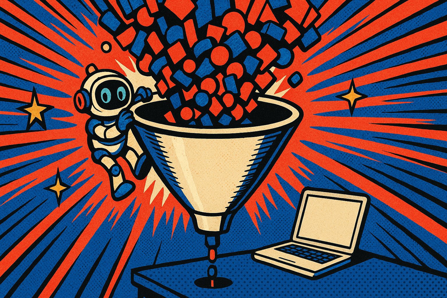 Illustration pop-art : un entonnoir géant reçoit un torrent de blocs rouges et bleus et n'en laisse passer qu'un filet vers un petit ordinateur portable